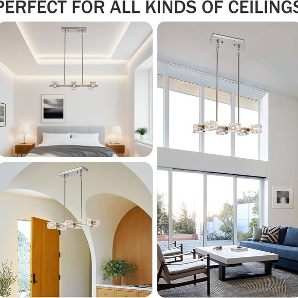 Modern Rectangular 6-Light Chandelier | Brushed Nickel, Adjustable &‎ Dimmable - Picture 2 of 9